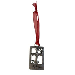 Inspirational Believe Cross Ornament With Rhinestones Red Ribbon Rectangle Frame